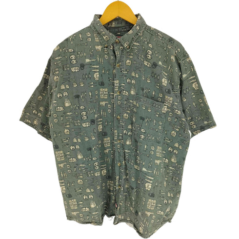 コールマン COLEMAN 総柄 魚 釣り竿 キャンプ 1ポケット B.D S/S コットン シャツ メンズ import:L